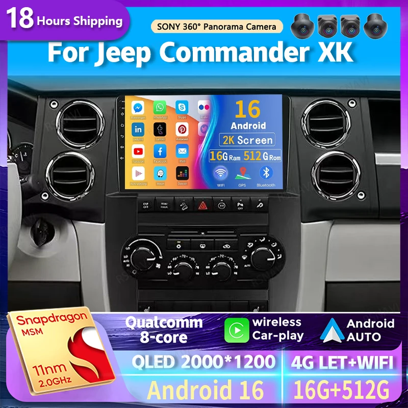 Android 16 Car Radio For Jeep Commander XK 2007 Navigation Multimedia Player Stereo WiFi+4G Video DSP BT Carplay wireless Auto