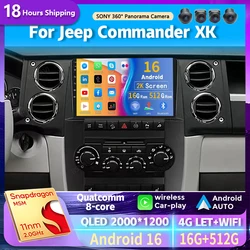 Android 16 Car Radio For Jeep Commander XK 2007 Navigation Multimedia Player Stereo WiFi+4G Video DSP BT Carplay wireless Auto