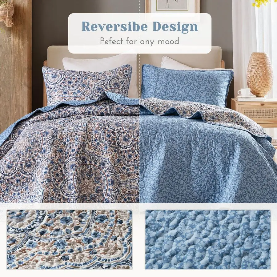 

Valerie Boho Quilt Set Twin Twin XL Blue Soft Reversible Watercolor Medallion Bedding, Lightweight All Season Bedspread for Kids