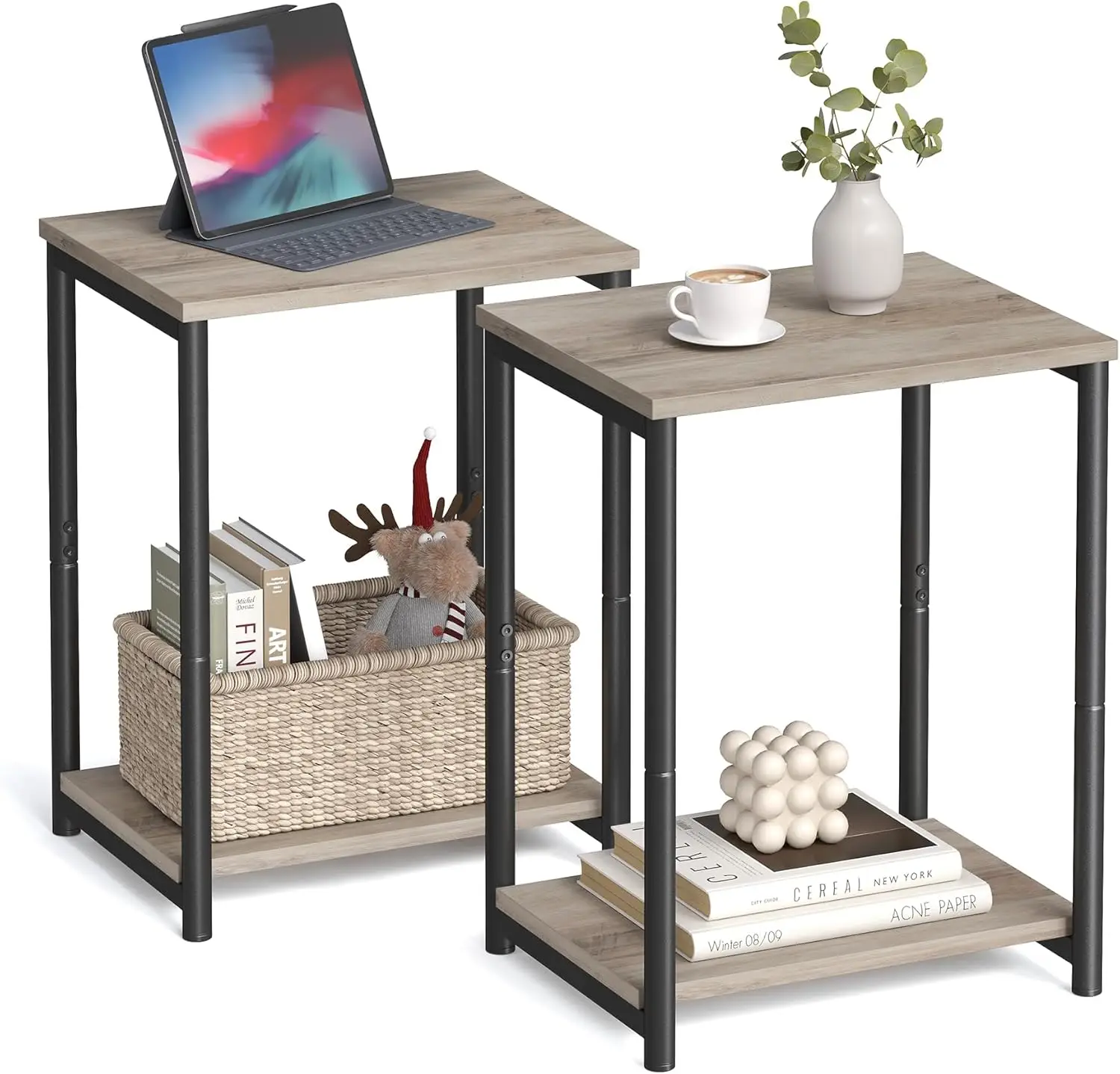 

Set of 2 Small End Tables, Nightstand for Living Room Bedroom Office Bathroom in Greige Black