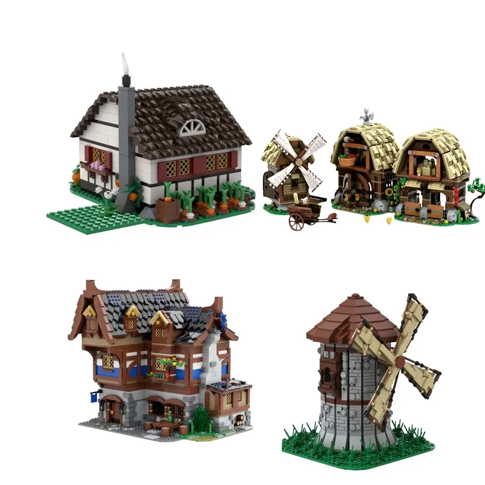 MOC Village Medieval Farmhouse Building Blocks Model Mill Village Windmill Medieval tavern Bricks Toy  Collection Children Gift