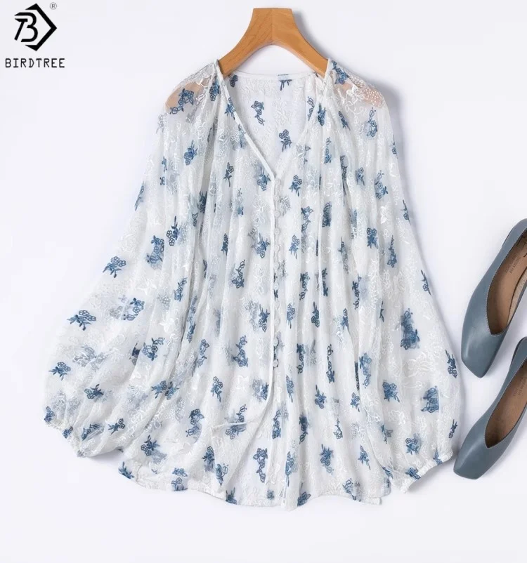 

Birdtree 100% Mulberry Silk Embroidery Cardigan, Sun-Protective Semi Perspective Raglan Sleeve V-neck Coat,2025 New T57307JF