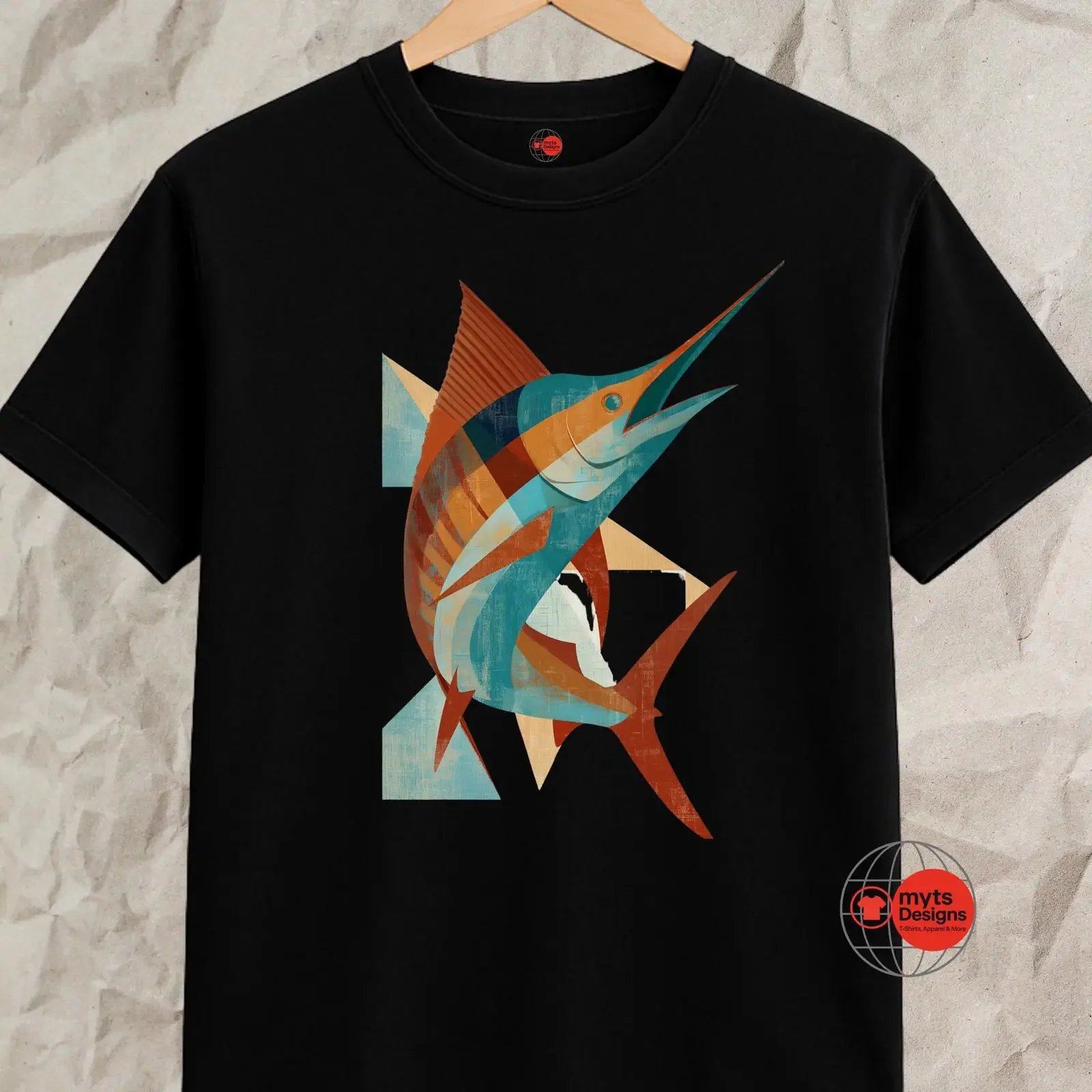 Retro Marlin T Shirt Geometric Fishing Art  vintage Washed Stylish Casual Slightly Top For Everyday Wear Stretched streetwear