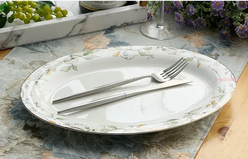 12 Inch, Fine Bone China Charger Plate, Green Leaf and Gold Painting, Oval Fish Dishes from China, Ceramic Tableware