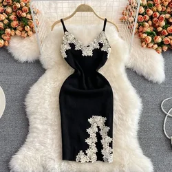 2024 Sexy Backless Lace Patchwork Knitted Split Summer Dress Women Black Mini Party Dress Bodycon Sheath night Club Outfits