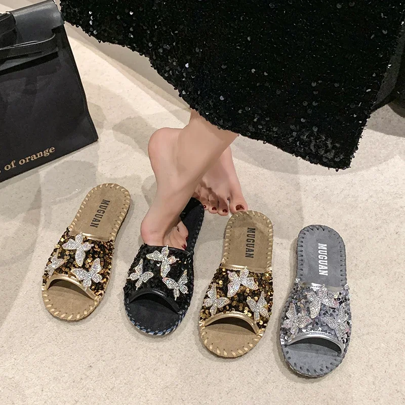 

2026 New Designer Glitter Women's Slippers Summer Shoes Sweet and Lightweight Casual Flat Shoes Shining Butterfly Girls Sandals