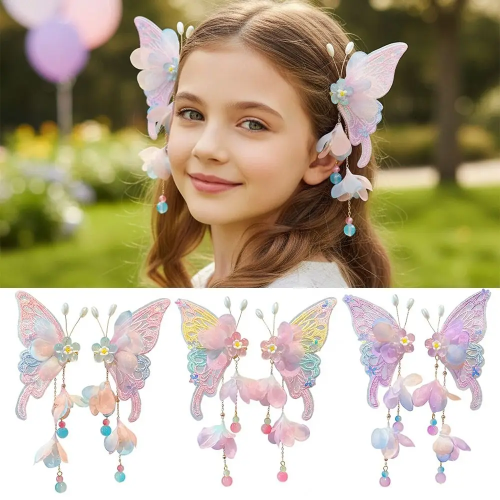

2pcs/set Extra Large Butterfly Hairpin Flower Silk Floral Hair Clips Shake Tassels Hanfu Headdress Hair Accessories