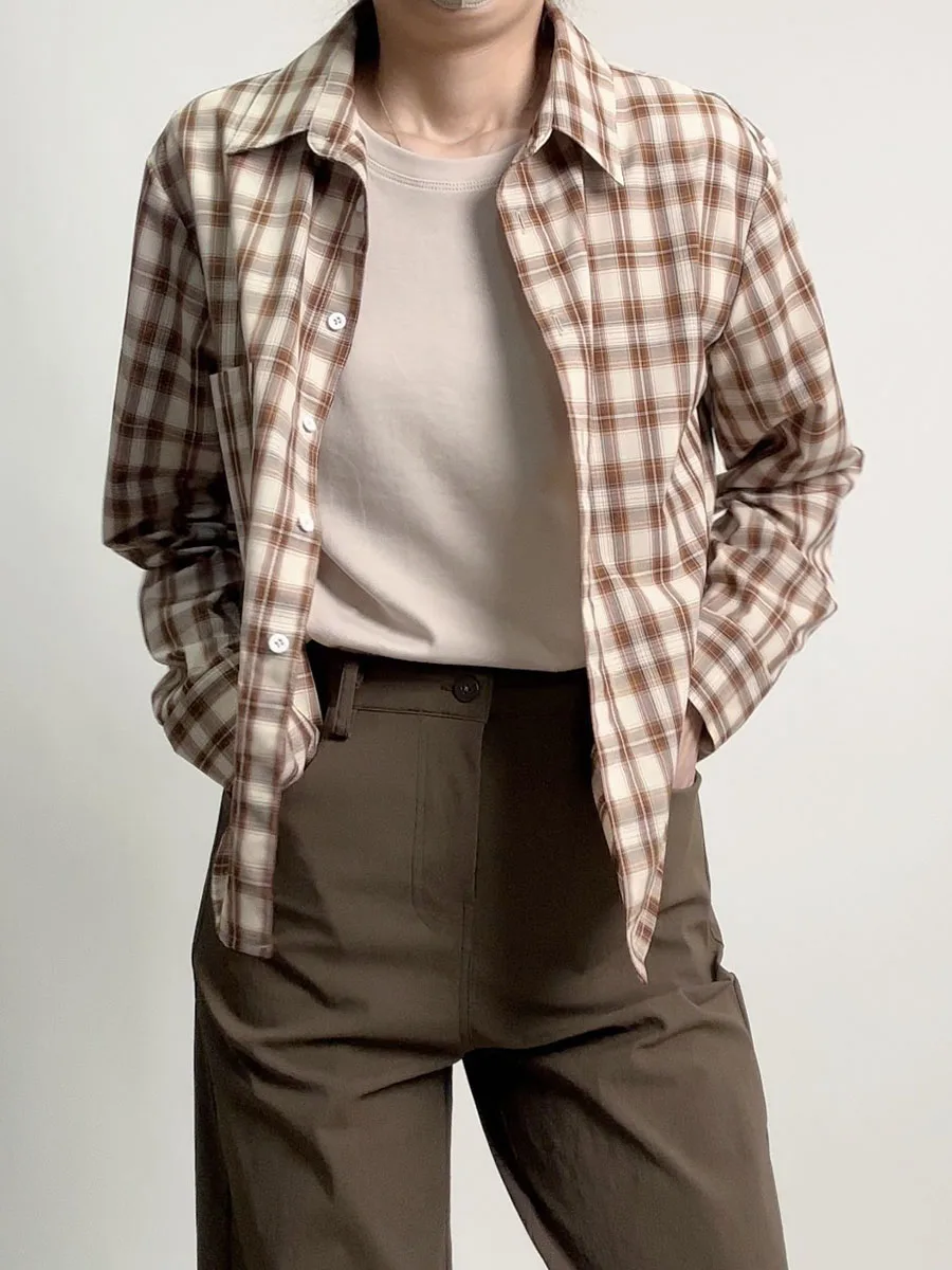 

Slim Fit ort Svel Women's irt Hand Diary Summer New Coffee Color Plaid Long Sve Thin Sle Bamboo Fiber Polyester