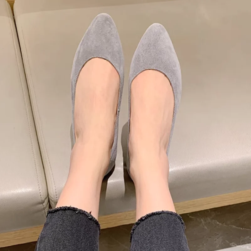 Women Military Green Flats Pointy Toe Nubuck Flock Flats Wide Fits 33 45 46 47 48 29cm Slip-On Luxury Desginer Ballet Shoes Grey