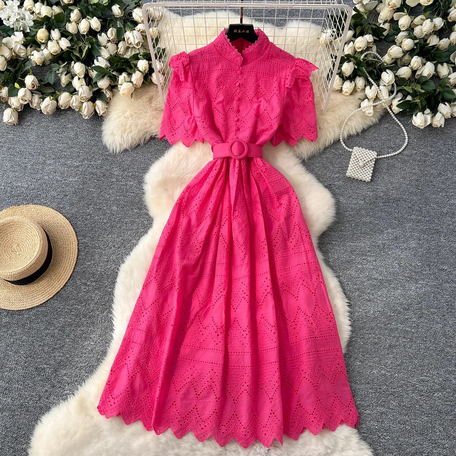 

Women Lace Long Midi Dress Retro Elegant Hollow Hook Lace Crochet Slim Belt A-line Prom Party Club Wedding 2025 Spring Summer
