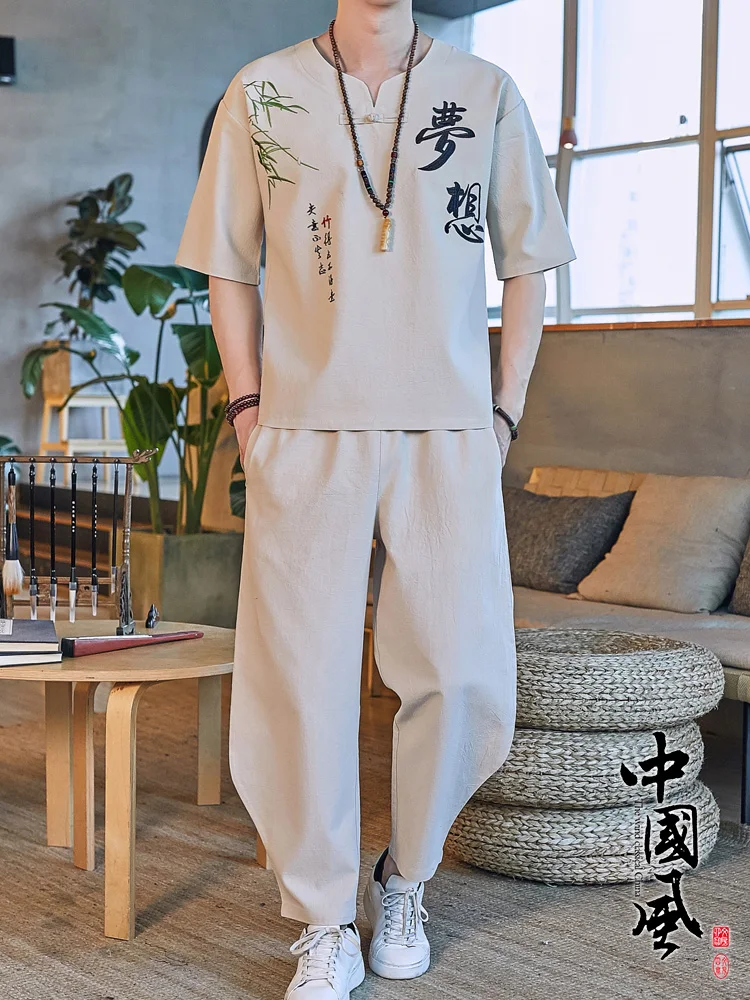 

Модный комплект футболок из хлопка и льна ort Sve для мужчин, новинка лета Sle V-Ne, свободная посадка для молодежи, заводская культура, вышивка