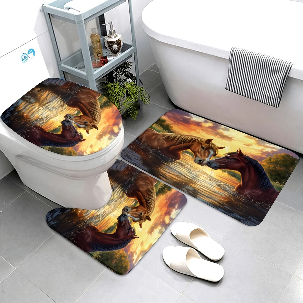 

Набор из 3 предметов, противоскользящий коврик для ванной комнаты с весенним закатом и лошадью, противоскользящий коврик для ванны, U-образный коврик для унитаза, чехол на сиденье унитаза