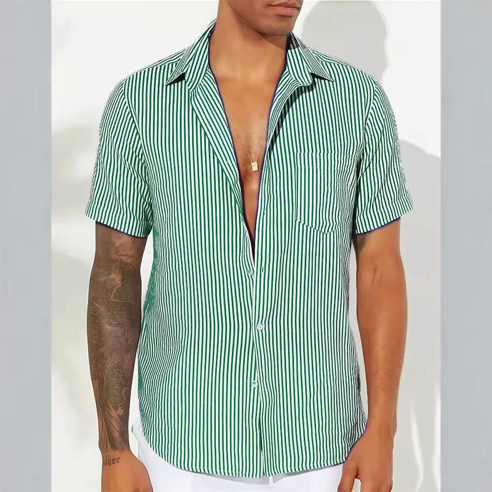 

American and European Style New Fashion Summer Men's Turn-down Collar Short Sleeve Shirts Casual Trendy Striped Shirts Male Tops
