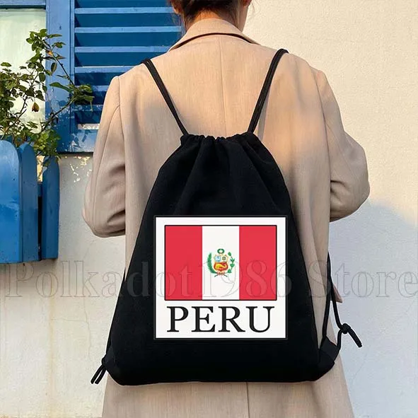 Peru Map Flag Map Peruvian Girl Peruanos Latino Pride Gifts Canvas Drawstring Backpack Sports Sacks Gym Sackpack String Bags