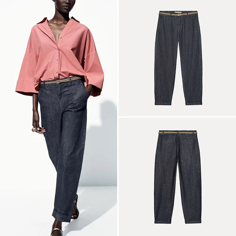 

Z Women's Faionable Personalized Commute Woven Belt Jeans High Waist Long Pants Polyester Zipper Casual Summer