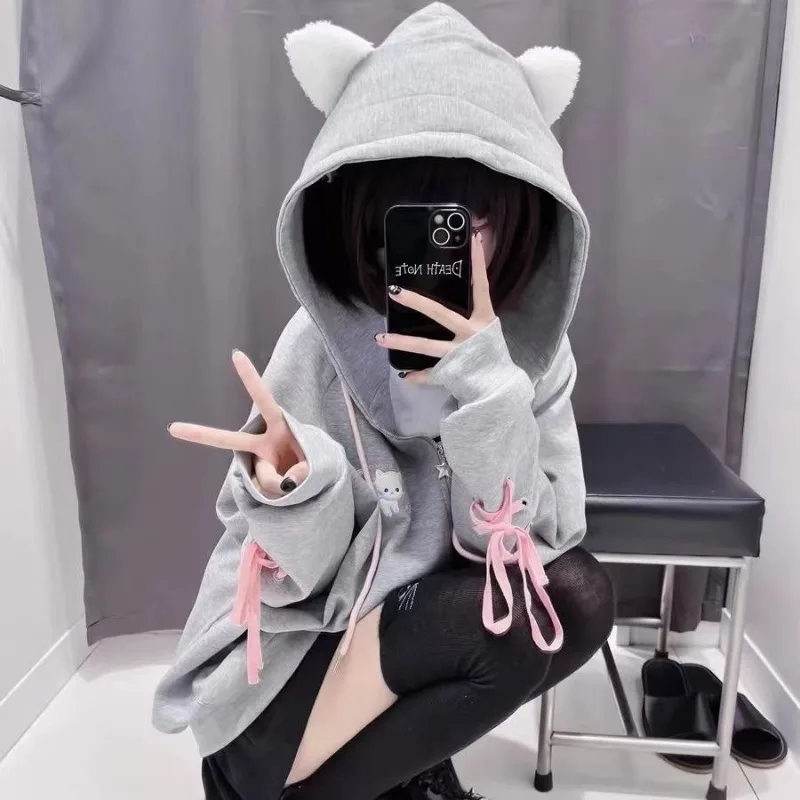 Fleece Cat Ear Print Sudadera Mujer Loose Kawaii Sweet Hooded Harajuku Y2k Japanese Preppy Style Zipper Women Sweatshirts