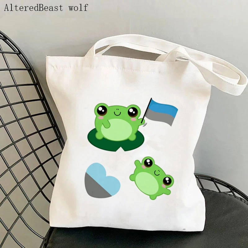 Women Shopper bag Kawaii Froggy Waving Abrosexual Pride Flag Bag Harajuku Canvas Shopper Bag girl handbag Shoulder Lady Bag