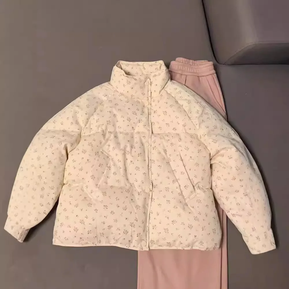 Impressão feminina parkas manga longa gola parka zíper casacos outerwear básico 2025 inverno bolsos casuais solto emendado