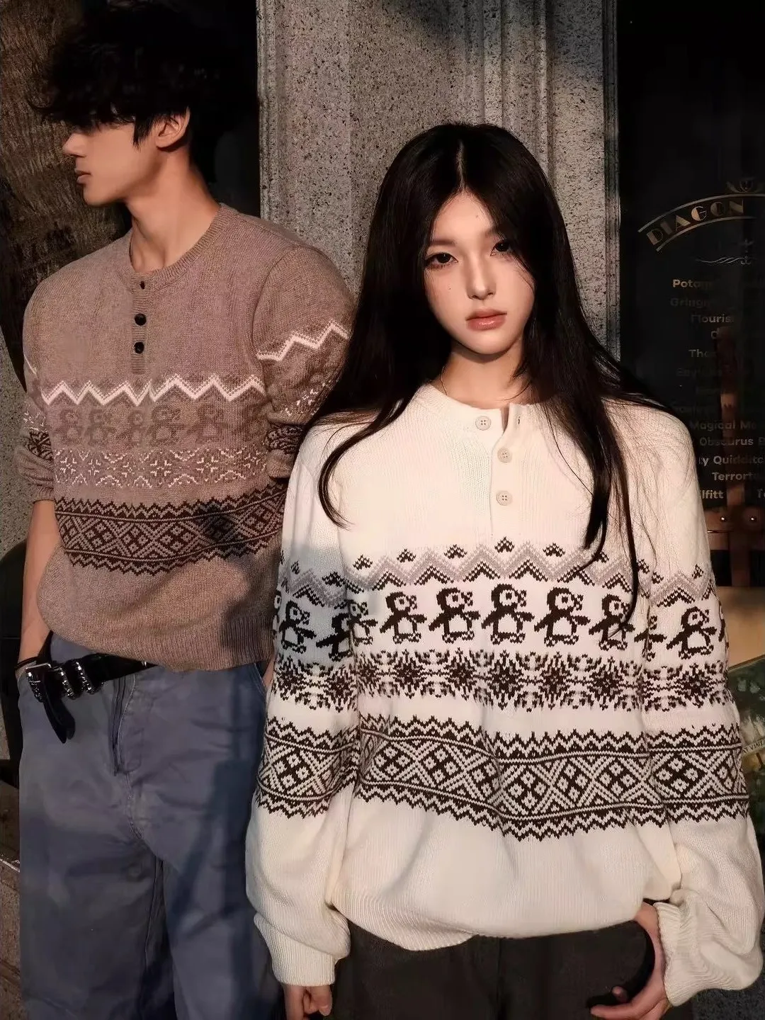 

plus Size Cisas Penguin Fair Isle Retro Pattern Autumn Winter Knitted Sweater round Ne Overhead for Men And Women