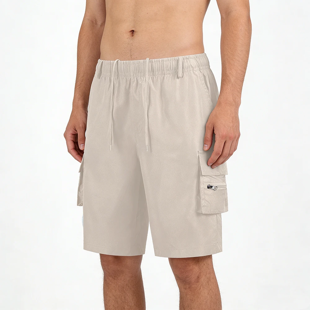Summer Men's Casual Solid Color Cargo Shorts Multi-Pocket Drawstring Elastic Waist Outdoor Activities Hiking Fishing Half Pants