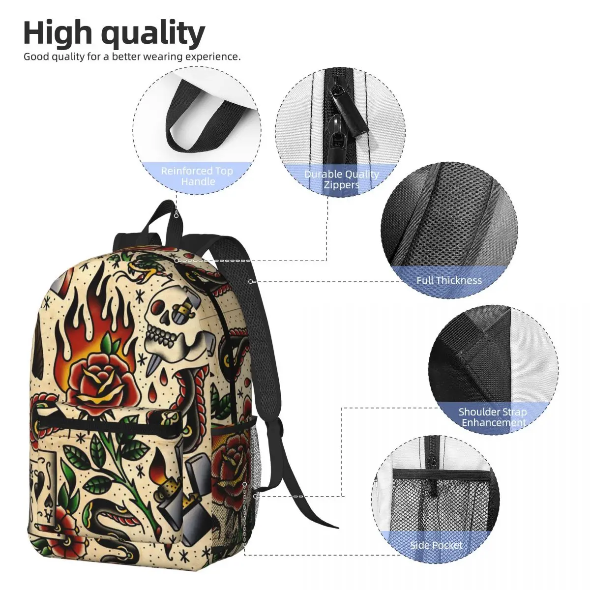 American Traditional Flash Pattern Tattoo Backpack Student BookBag Kids School Bag Laptop Shoulder Bags for Men Women