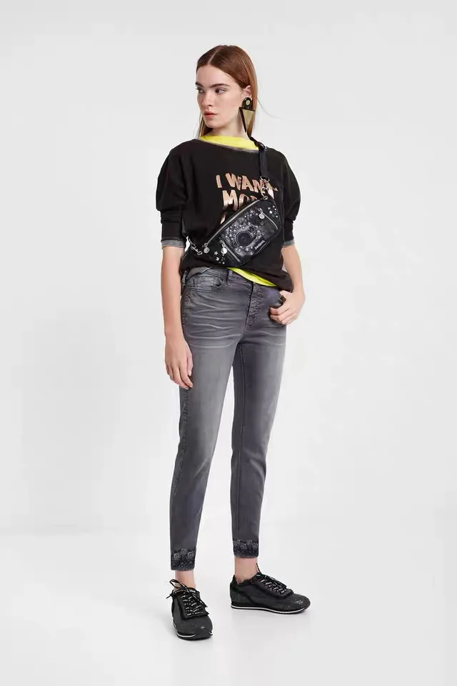 أوروبية، أمريكية، إسبانية، مفردة أصلية، مغسولة بالرمل، أرجل السراويل البالية، جينز نسائي مطرز، علامة تجارية فاخرة خفيفة