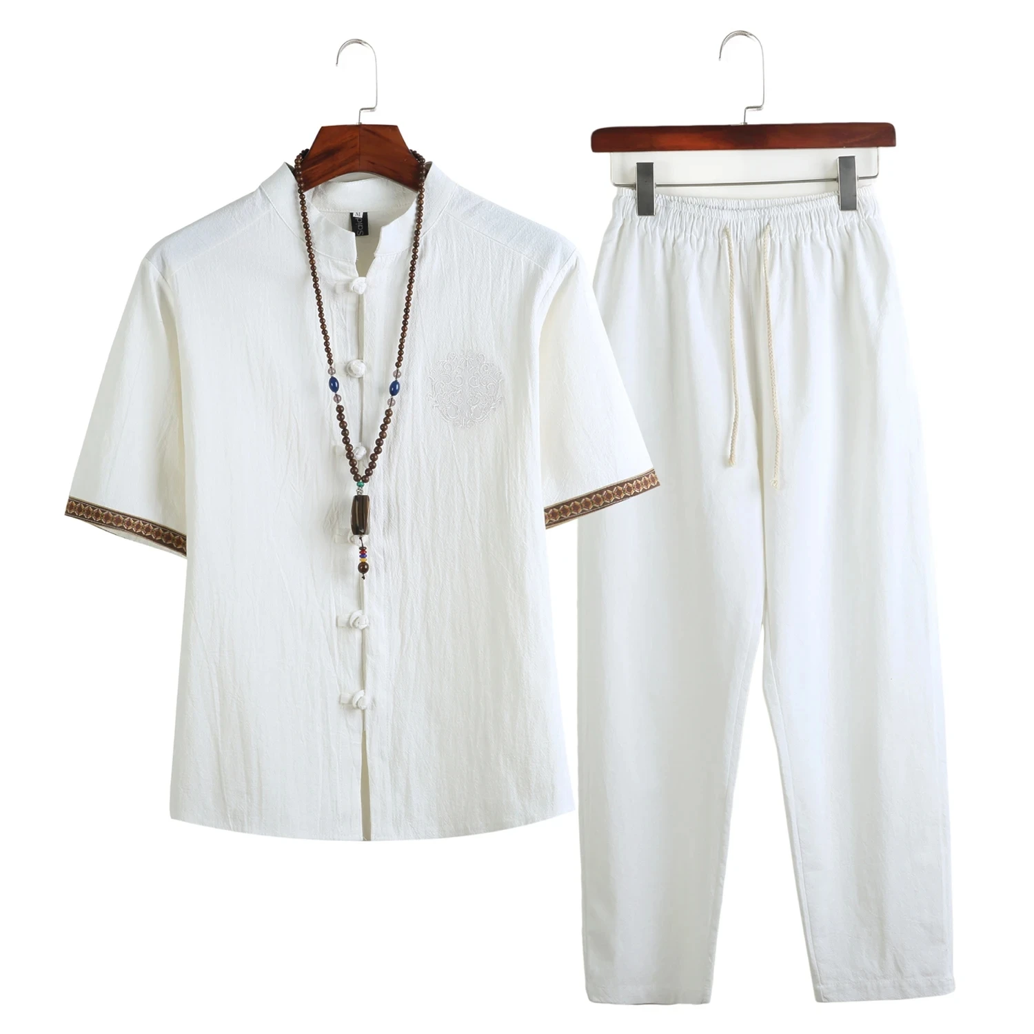 Linen Two piece set Mens(Jogger Shirts+Long Pants)Streetwear Male Chinese Style Tracksuit Casual Tang Suit Loose Kungfu Trousers
