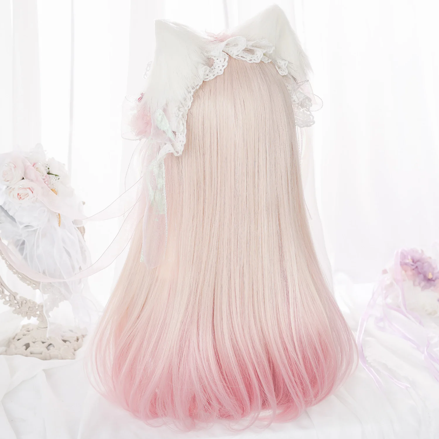 HANEROU Cos-Peluca de Lolita para mujer, pelo largo y liso sintético, color rubio y rosa, para fiesta, Cosplay