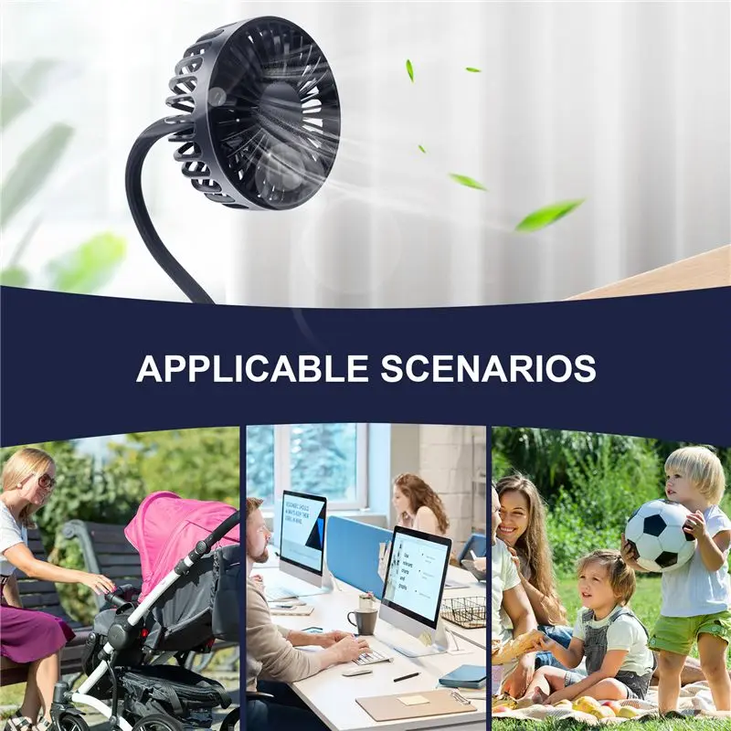 A60T Effortless Portable Mini Clip Stroller Fan,3 Speeds Settings,Flexible Bendable Usb Rechargeable Battery Operated Quiet Desk