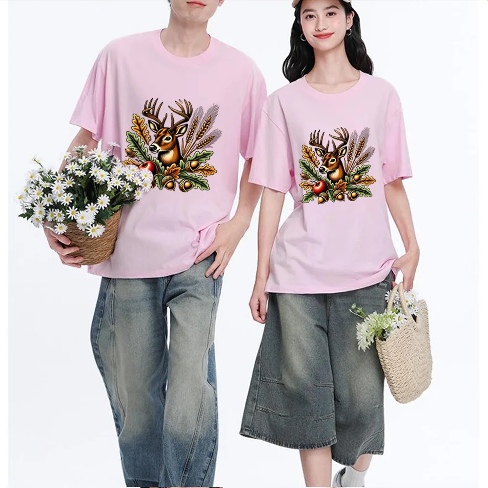 Deer Head Acorn Wheat Oak Leaf Apple Printed T Shirt Breathable Fabric S-XXL Personalized Custom Casual Short Sleeve Tee Aesthet