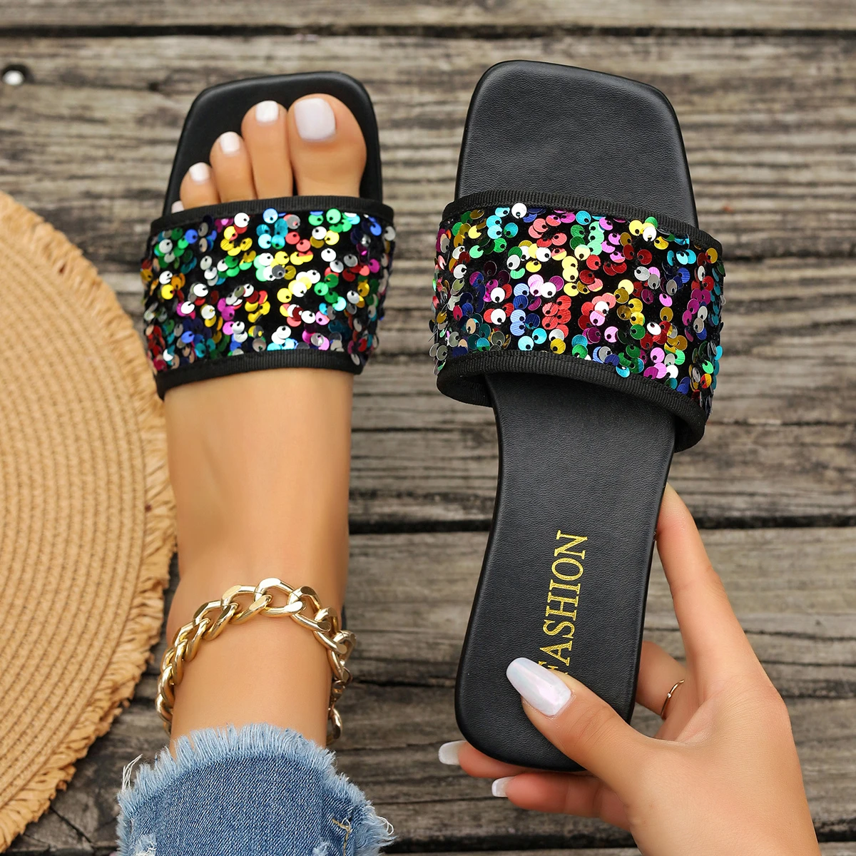 Bling Shine Slippers for Women Shoes Flat Sandals Peep Toe Crystal Ladies Casual Slides Female Beach Slippers Flat Shoes