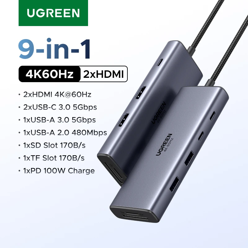 UGREEN USB C HUB Docking Station 9-in-1 with 2xHDMI Dual 4K@60Hz 5Gbps USB-A&C Data Port PD100W SD/TF 170MB/s for HP Dell