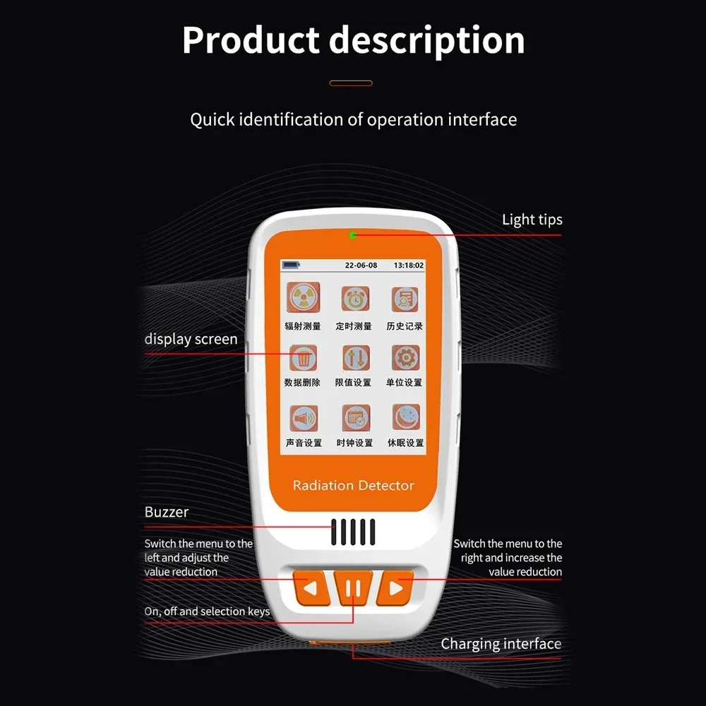 HFS-20 Handheld Geiger Counter Nuclear Radiation Detector Color Screen High Precision X β γ-ray Tester Dosimeter Alarm Settings