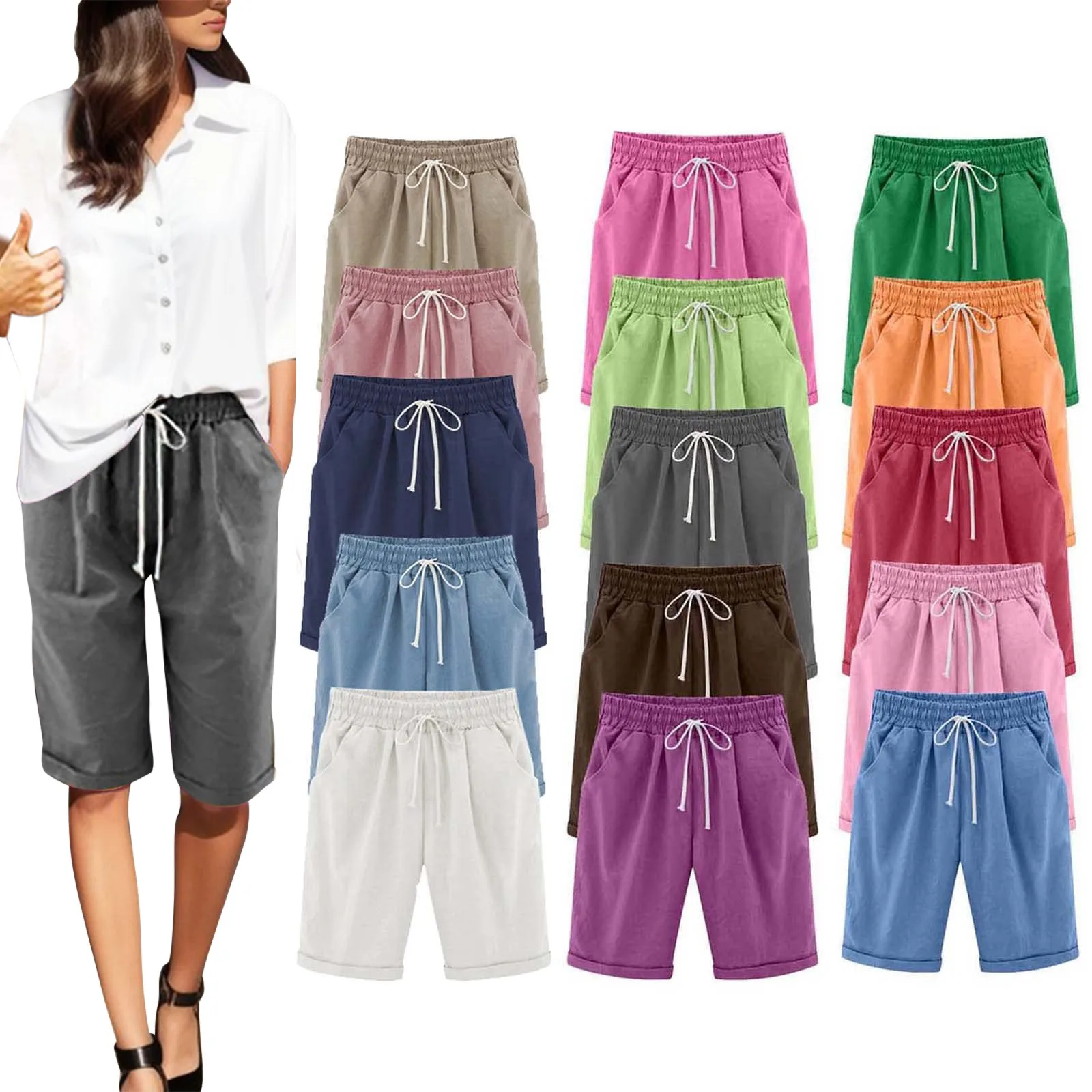 Womens Summer Breathable Thin Shorts Fashion Casual Solid Color Drawstring Elastic Waist Sport Trousers With Pocket Beach Pants