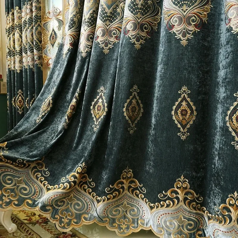 European Style Luxury Heavy Embroidered Blue Chenille Cloth Window Curtains for Living Room Bedroom Dining Floor-to-ceiling