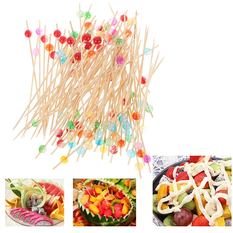 100pcs colorful beads bamboo fruit sticks for decoration cocktail salad snack sandwich buffet toothpicks fountain wedding party