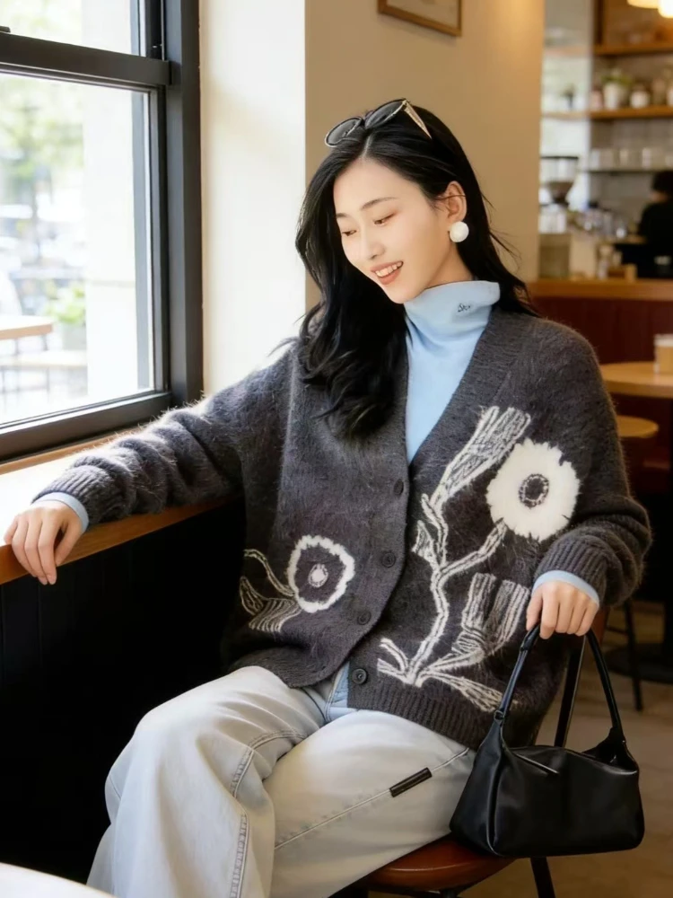 

Printed Sweater Knitted Cardigan Women Graffiti V-neck Long Sleeve Knitted Streetwear Lady Sweater New Autumn Oversized Cardigan