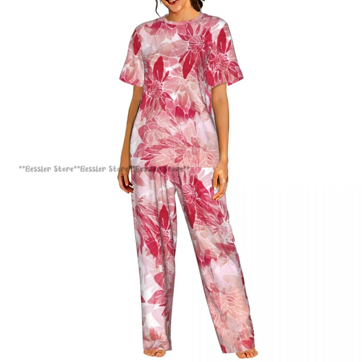 Pink Chrysanthemum Pajamas Set Short-sleeved Women Home Clothing