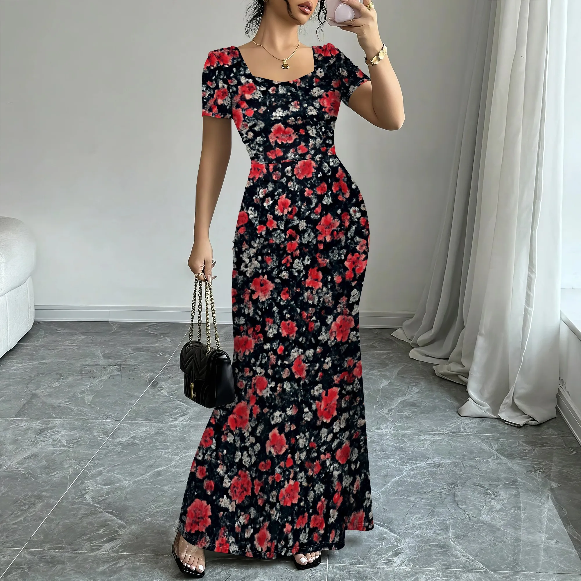 

Women’s Red Floral Maxi Dress XS-3XL Summer Short Sleeve Slim Fit Elegant Style for Wedding Guest Party 2025 New Arrival