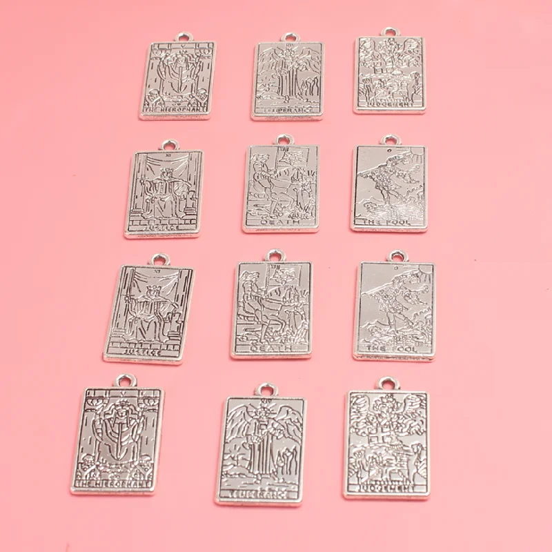12pcs Mixed Silver Plated Witch Divination Tarot Card Alloy Pendant DIY Charms Necklace Bracelet Jewelry Crafts Making A2316