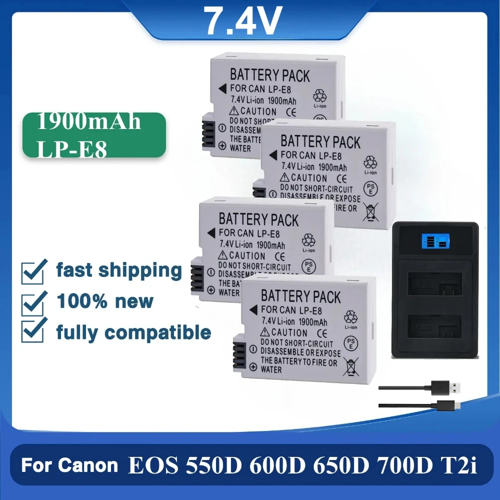 1900mah 7.4V LP-E8 LP E8 Batteries LED Dual Charger Set for Canon EOS 550D 600D 650D 700D X4 X5 X6i X7i Camera Battery