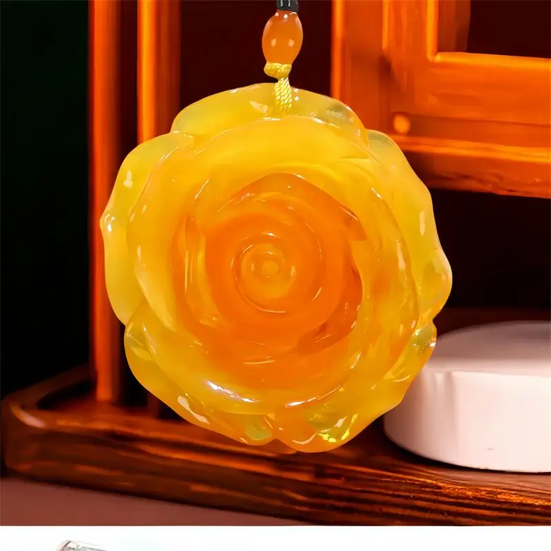 

Amber Rose Pendant Necklace Charm Gifts for Women Men Vintage Chinese Flower Carved Jewelry Amulet Gemstones Talismans Gift