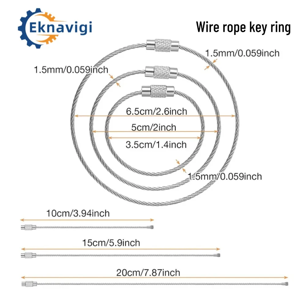 10PCS M1.5 304 Stainless Steel Wire Rope Key Ring Mountaineering Buckle Connection Rope