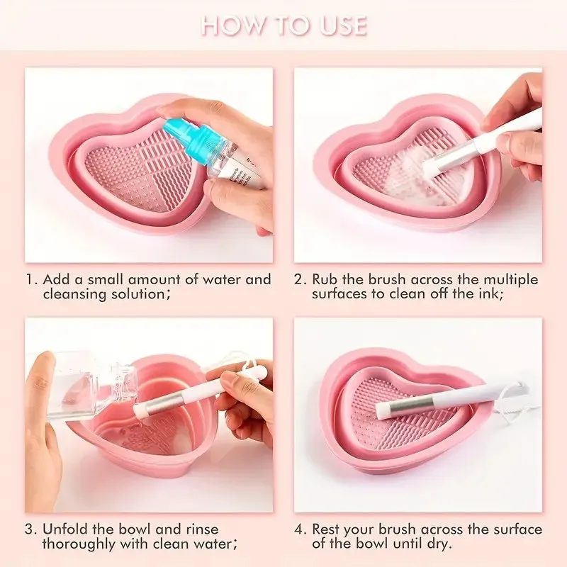 Heart-Shaped Silicone Makeup Brush Cleaner - Foldable Design with Free Pink Sponge, Portable & Quick-Drying for Easy Cleaning