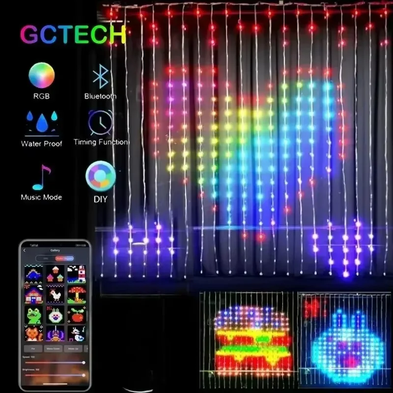 400個のledを使用したスマートフェアリーカーテン型ledストリングライト。bluetoothアプリで制御可能。クリスマス、結婚式、パーティーの装飾や、diyの写真展示に最適。