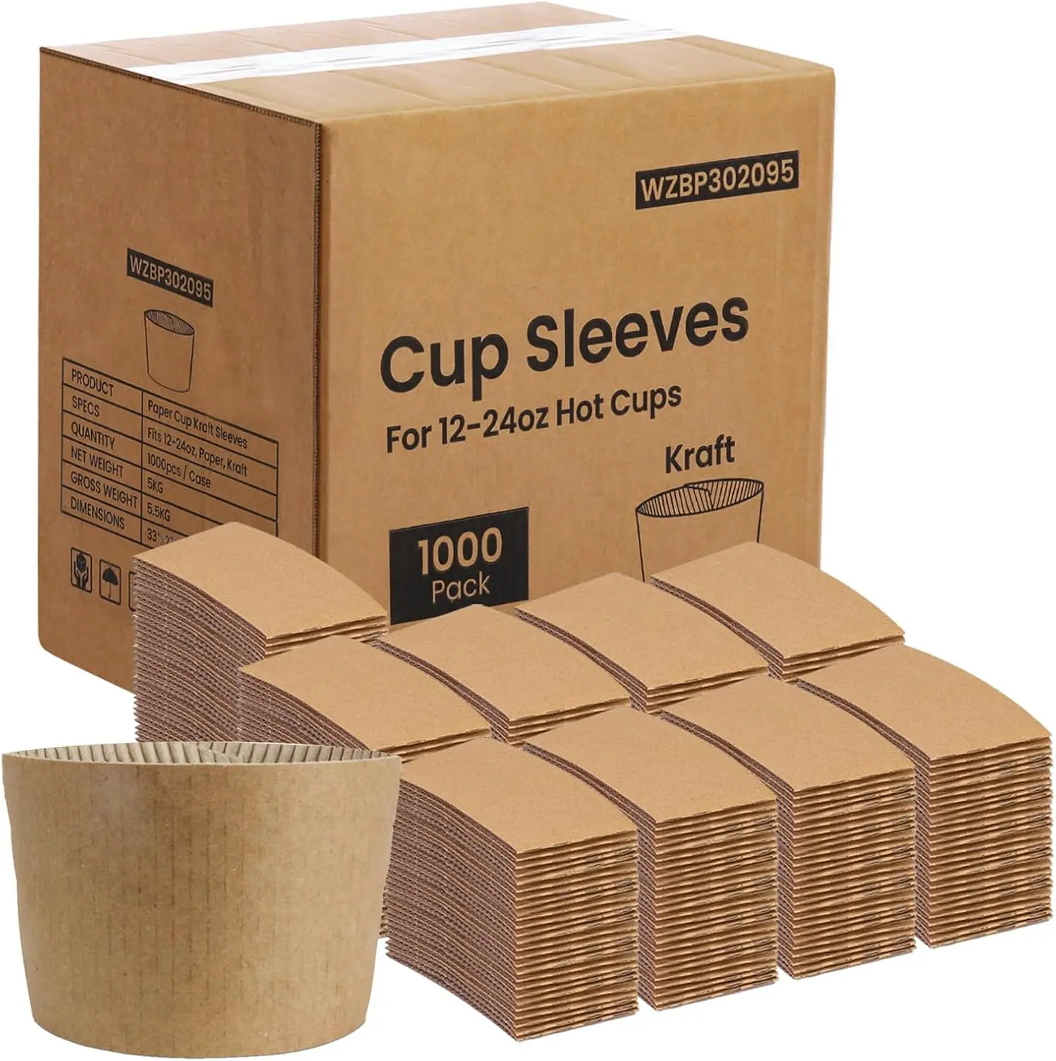 

[1000 Pack] Kraft Coffee Cup Sleeves Disposable for Hot Drinks, Durable Corrugated Cardboard Cup Sleeves for 12-24 oz