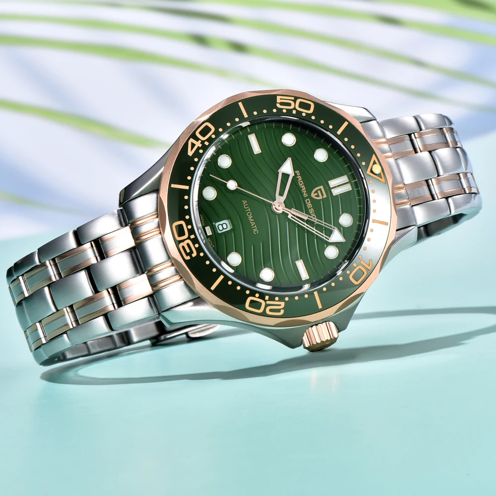 PAGANI DESIGN Rose Gold Green Dial Diving Automatic Mechanical Watch For Men AR Sapphire crystal 200M Waterproof Wrist watch Men