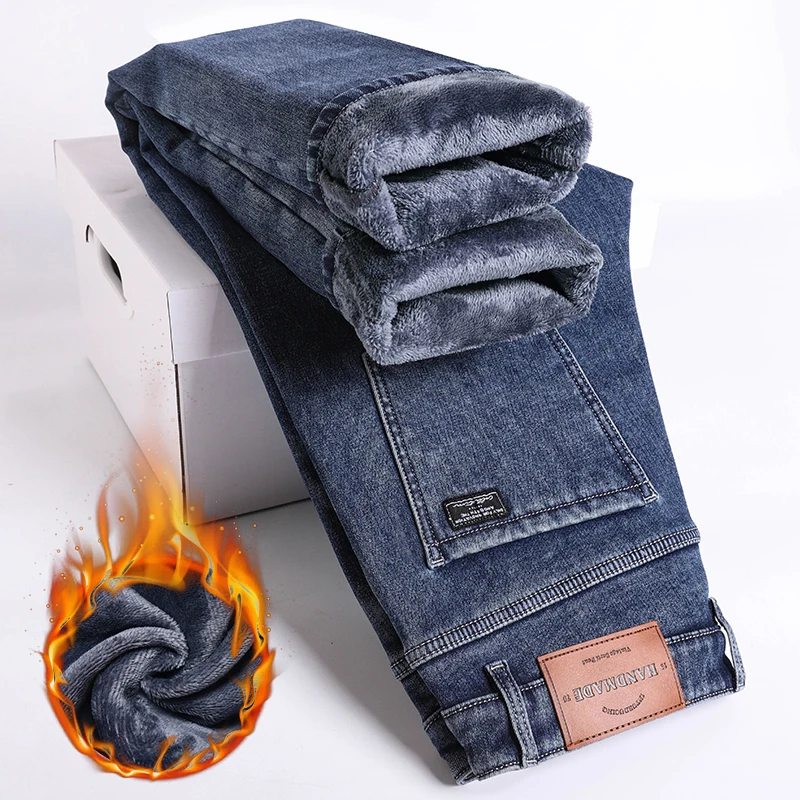 Men\'s Warm Fleece Jeans Winter New Thick Velvet Slim Fit Business Casual Pants Classic Black Blue Elastic Cotton Denim Pants