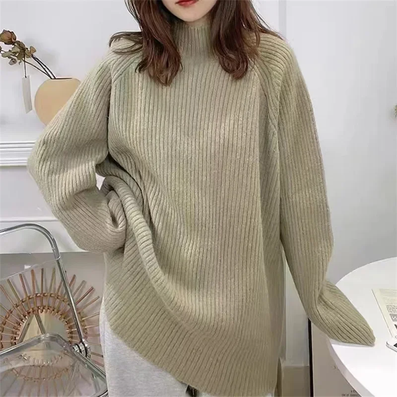 Women Knit Sweaters Full Sleeve Turtleneck Loose Pullover Jumpers Casual Solid Sweater Splice Elegant Ladies Autumn Winter