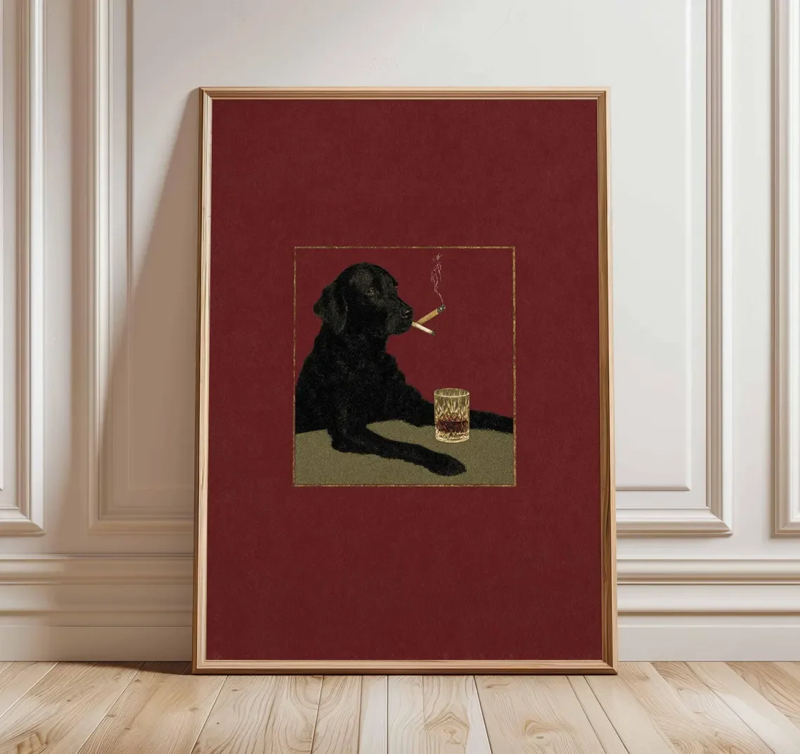 Home Bar Lounge - Smoking Dog Poster, Retro Funny Animal